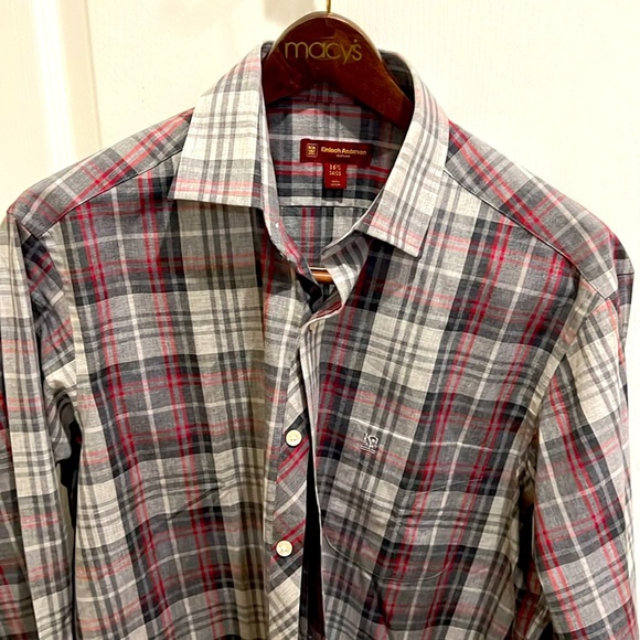 Kinloch Anderson Scotland Men’s Long Sleeve Red Gray Tartan Plaid size 16.5 - Picture 2 of 6